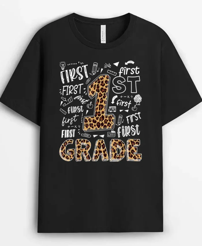 Leopard Print 1st Grade Teacher Kids Back To School T-Shirt - Black