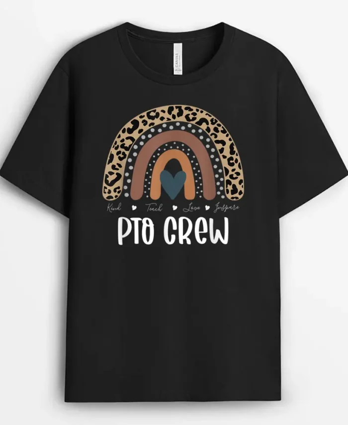 Leopard Rainbow Teacher Student Parent PTO Crew T-Shirt - Black