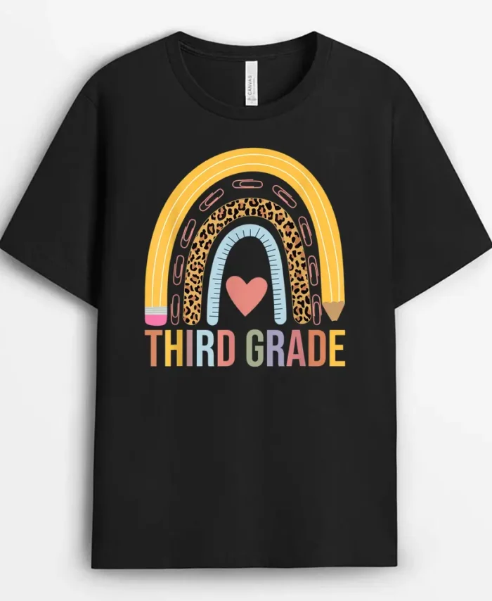 Leopard Rainbow Third Grade Teacher Student Back To School T-Shirt - Black