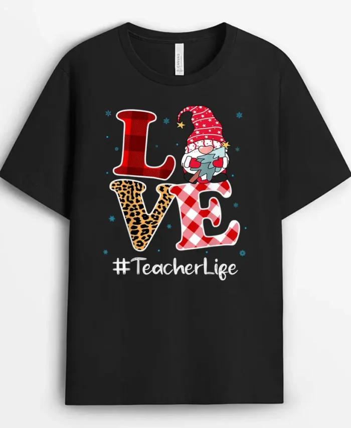 Love Teacher Gnome Christmas Matching Pajamas Women T-Shirt - Black