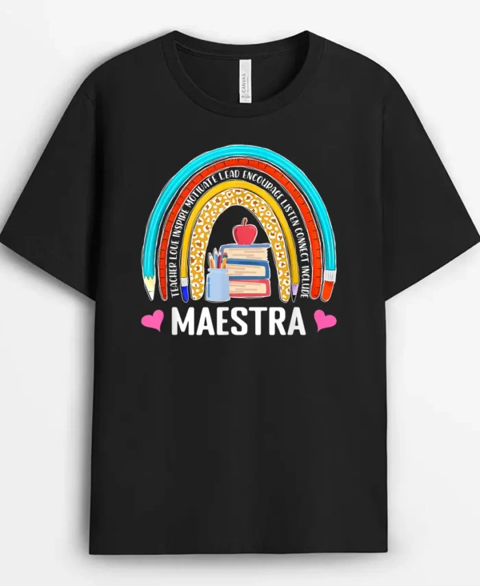 Maestra Boho Rainbow Leopard Spanish Bilingual Teacher T-Shirt - Black