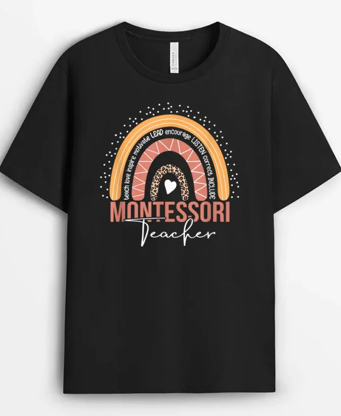 Montessori Teacher Leopard Rainbow Appreciation Teachers T-Shirt - Black