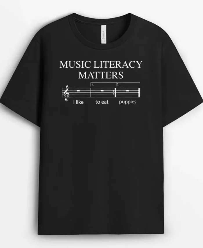 Music Literacy Matters Funny Joke Read Repeat Music Teachers T-Shirt - Black