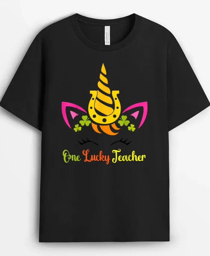 One Lucky Teacher Unicorn Face St Patricks Day Shamrock Girl T-Shirt - Black