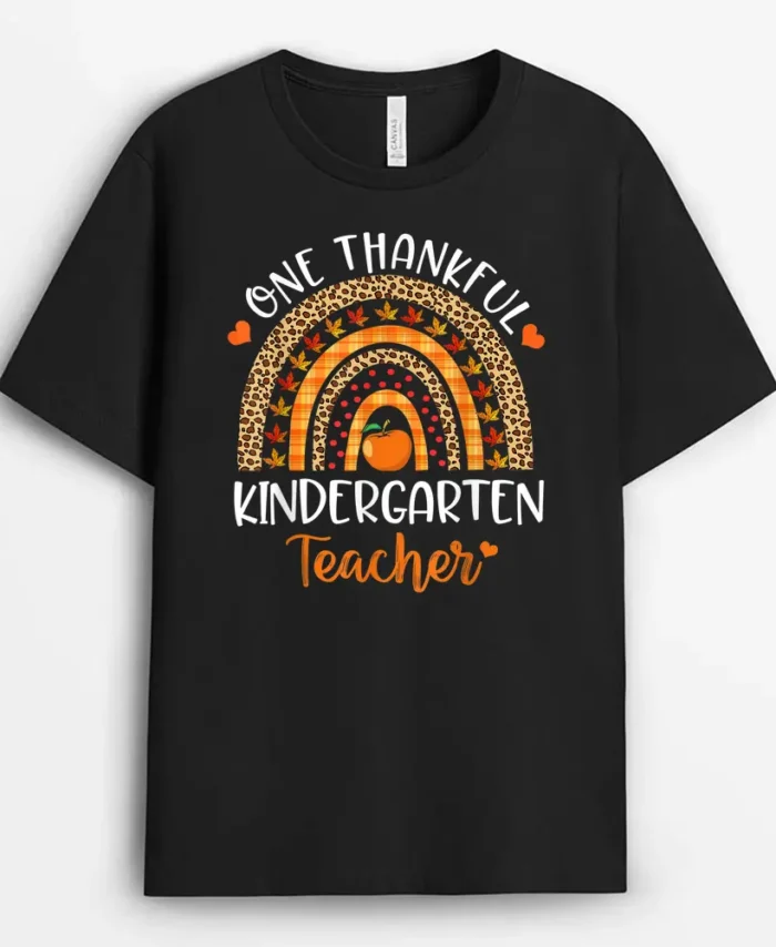 One Thankful Kindergarten Teacher Thanksgiving Rainbow Funny T-Shirt - Black