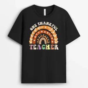 One Thankful Teacher Leopard Rainbow Pumpkin Thanksgiving T-Shirt - Black