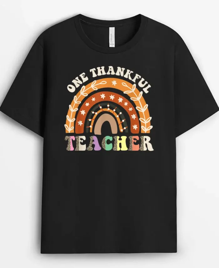 One Thankful Teacher Leopard Rainbow Pumpkin Thanksgiving T-Shirt - Black