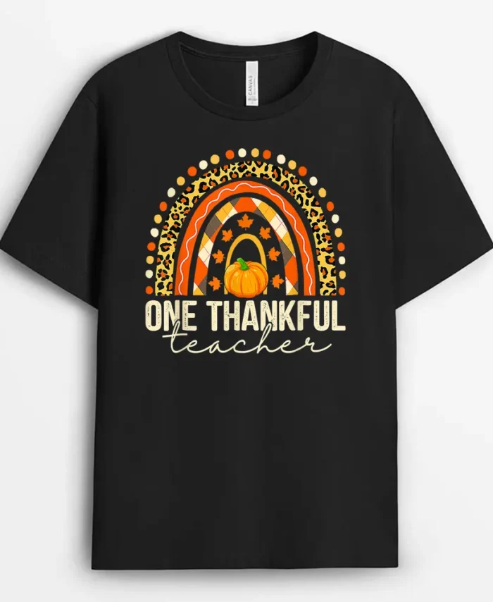 One Thankful Teacher Rainbow Leopard Thanksgiving Women T-Shirt - Black