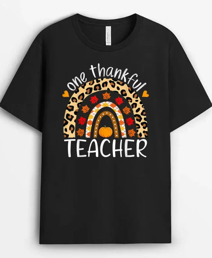 One Thankful Teacher Thanksgiving Rainbow Leopard Fall T-Shirt - Black