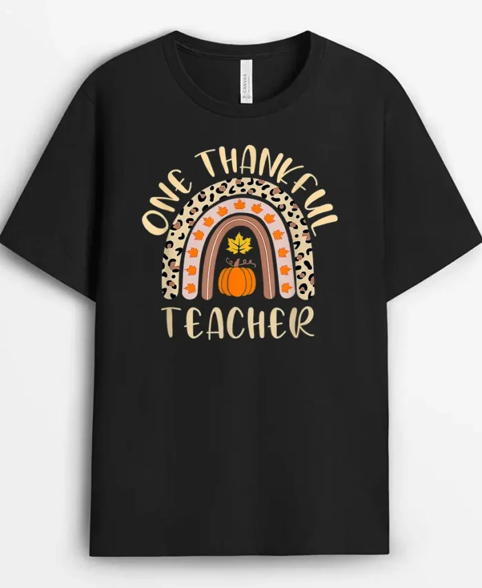 One Thankful Teacher Thanksgiving Rainbow Leopard Fall Funny T-Shirt - Black