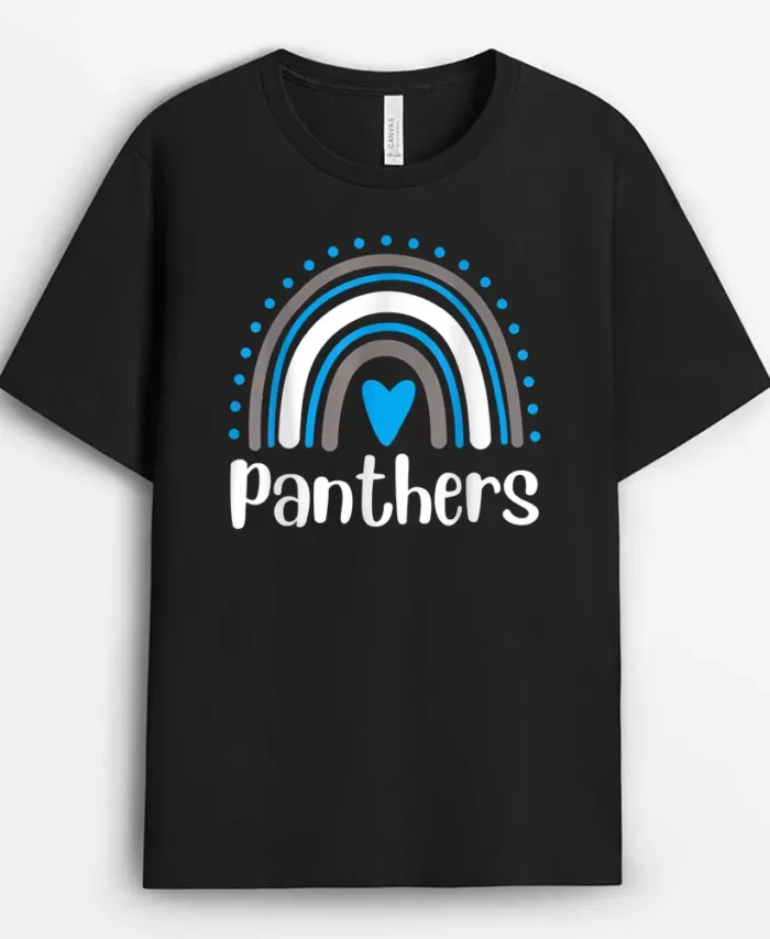 Panthers Teacher  Blue Rainbow Heart T-Shirt - Black