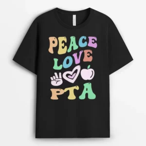 PEACE LOVE PTA Retro Parent Teacher Association Groovy T-Shirt - Black