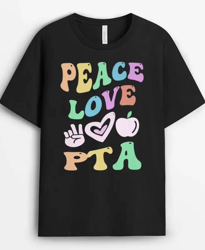 PEACE LOVE PTA Retro Parent Teacher Association Groovy T-Shirt - Black