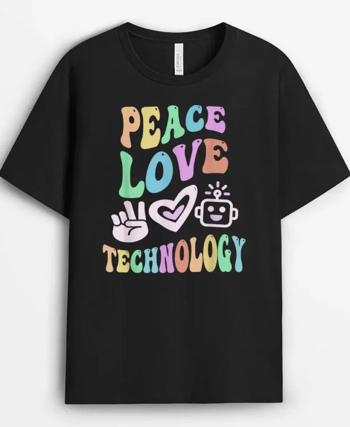 PEACE LOVE TECHNOLOGY Retro Computer Teacher Groovy School T-Shirt - Black