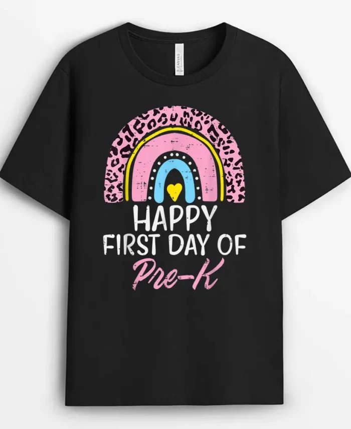 Pink Leopard Rainbow Happy First Day Of Pre-K Prek Teacher T-Shirt - Black