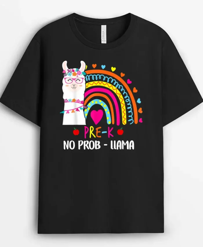 Pre K No Prob Llama Teacher Rainbow Back To School T-Shirt - Black