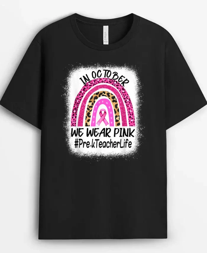 Pre-k Teacher Rainbow Women Breast Cancer Awareness T-Shirt - Black