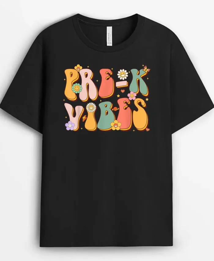 Pre K Vibes Retro Groovy Preschool Teacher Back To School T-Shirt - Black
