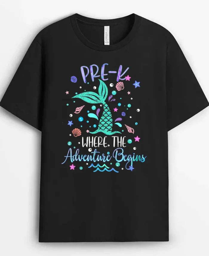 Pre Kinder Mermaid Where Adventure Begins Teacher T-Shirt - Black