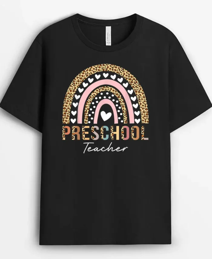 Preschool Teacher Leopard Rainbow Preschool Teacher Funny T-Shirt - Black
