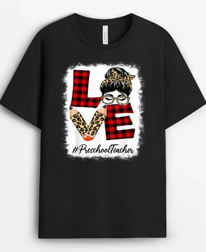 Preschool Teacher Love Messy Bun Leopard Back To School T-Shirt - Black