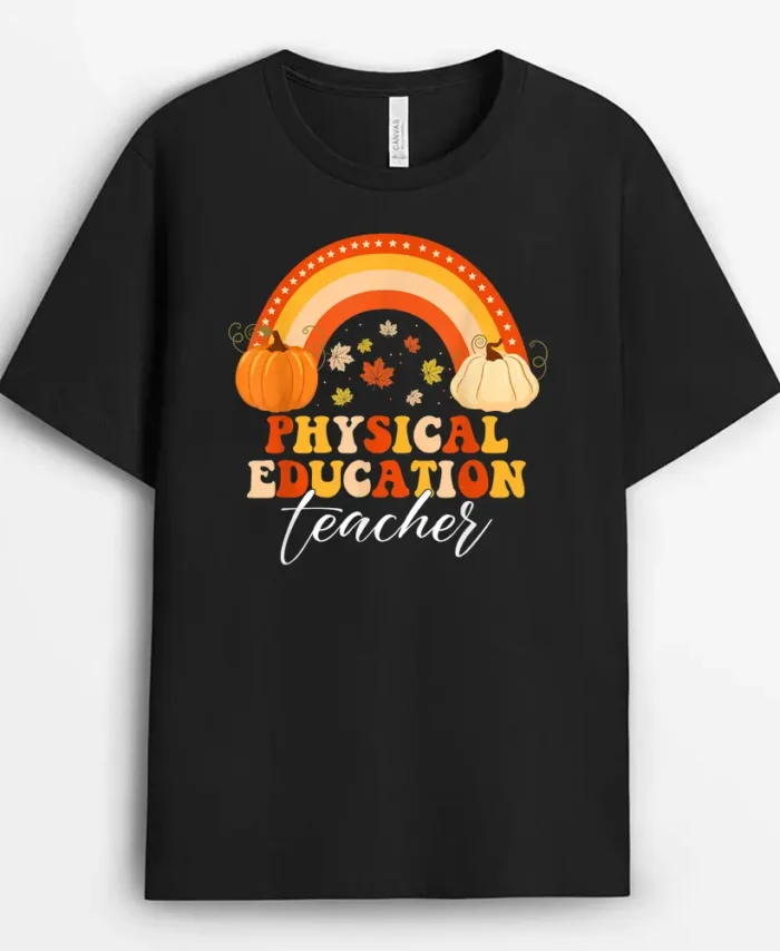 Pumpkin Rainbow PE Teacher Fall Autumn Halloween T-Shirt - Black