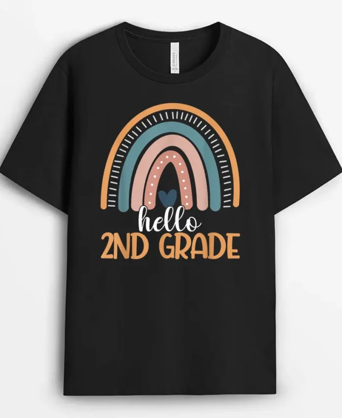 Rainbow Hello Second Grade Back To School 2nd Grade Teacher T-Shirt - Black
