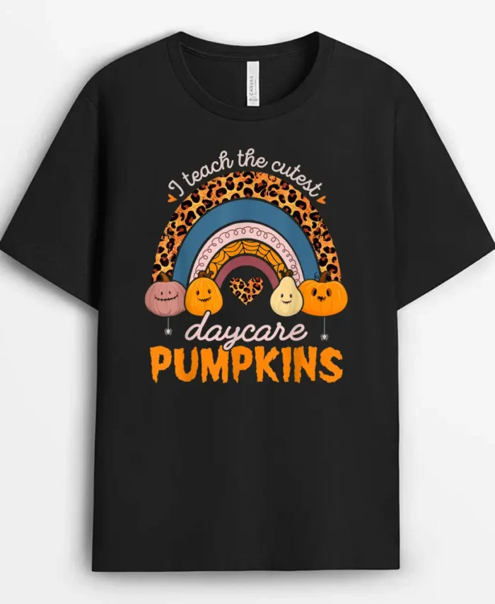 Rainbow I Teach The Cutest Pumpkin Halloween Daycare Teacher T-Shirt - Black