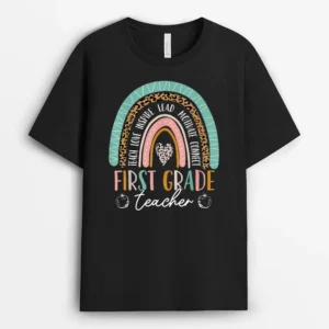Rainbow Leopard Pattern 1st Grade Girl Boy Kids Teacher T-Shirt - Black
