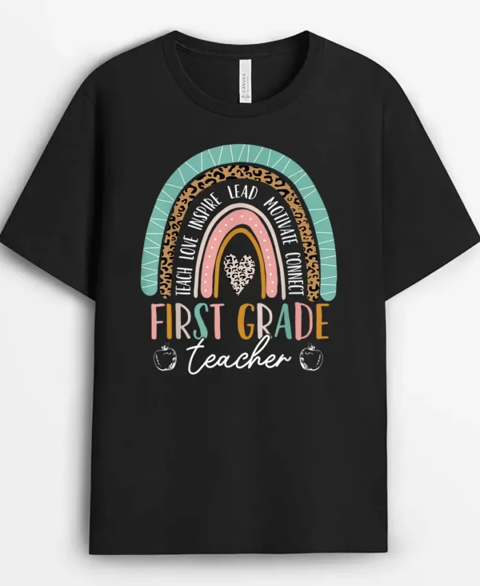 Rainbow Leopard Pattern 1st Grade Girl Boy Kids Teacher T-Shirt - Black