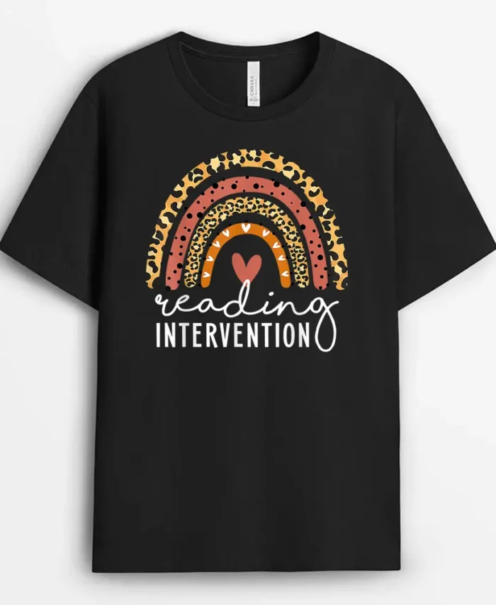 Reading Intervention Leopard Rainbow Teacher Back To School T-Shirt - Black