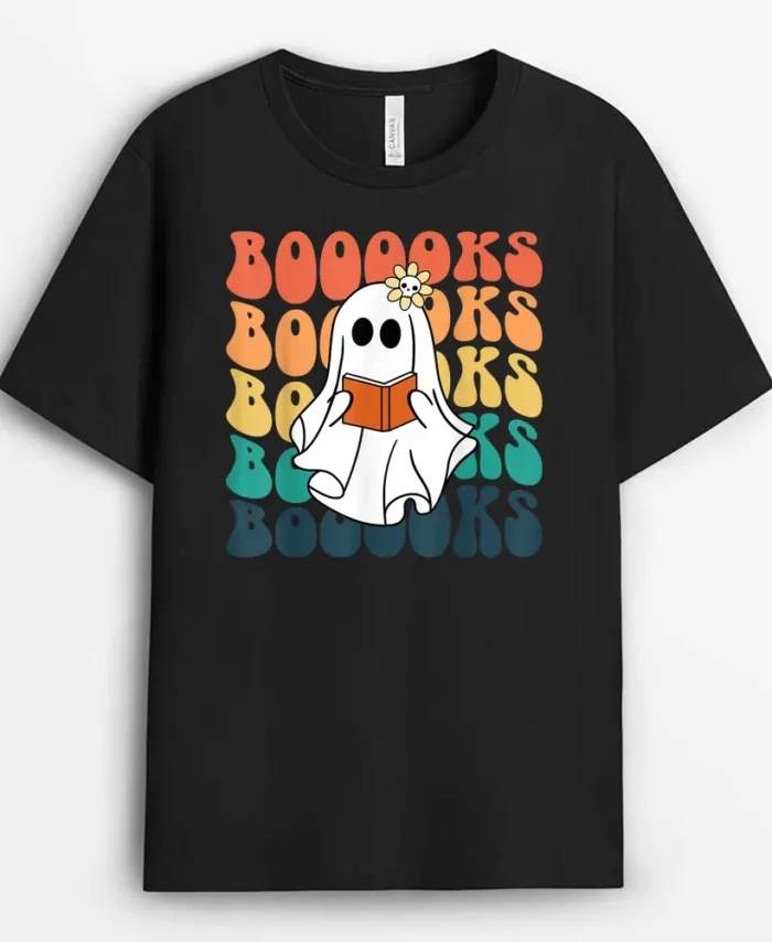 Retro Cute Ghost Book Reading Halloween Teacher Top T-Shirt - Black