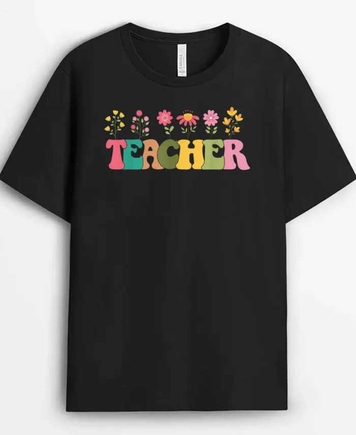 Retro Groovy Flower Teacher Men Women T-Shirt - Black