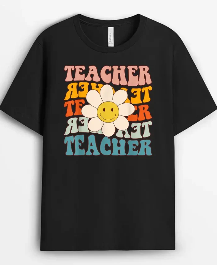 Retro Groovy Teacher Flower Funny Back To School Gifts T-Shirt - Black