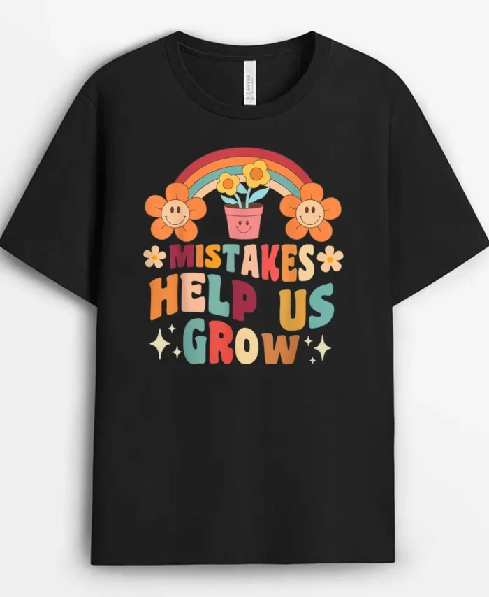 Retro Groovy Teacher Mindset Positive Mistakes Help Us Grow T-Shirt - Black