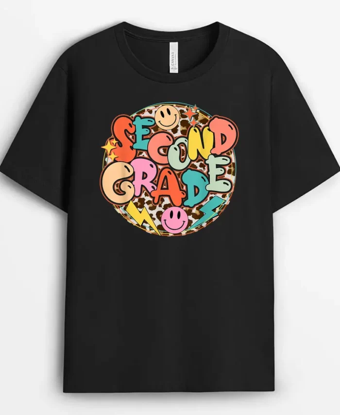 Retro Second Grade Leopard Back To School 2nd Grade Teacher T-Shirt - Black