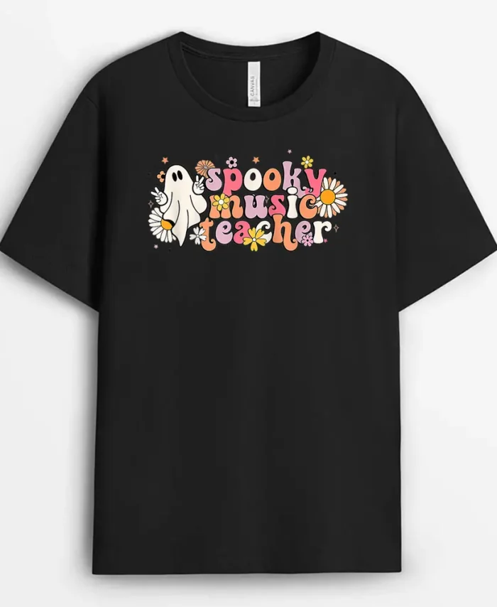 Retro Spooky Music Teacher Floral Ghost School Halloween T-Shirt - Black