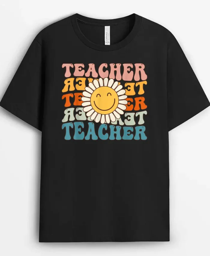 Retro Teacher Daisy Colorful - Elementary School Teacher T-Shirt - Black