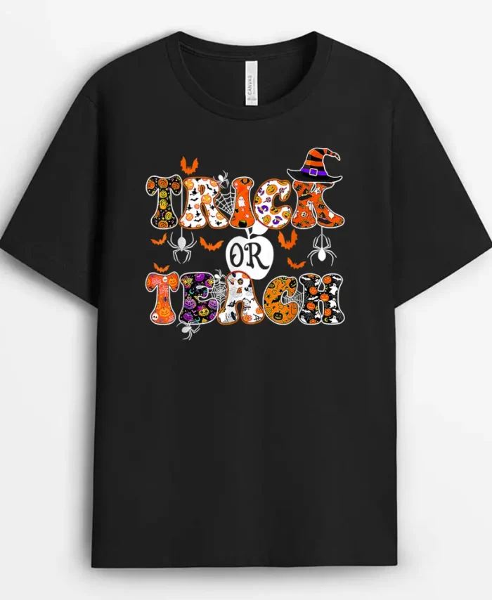 Retro Vintage Groovy Trick Or Teach Halloween Teacher Life T-Shirt - Black