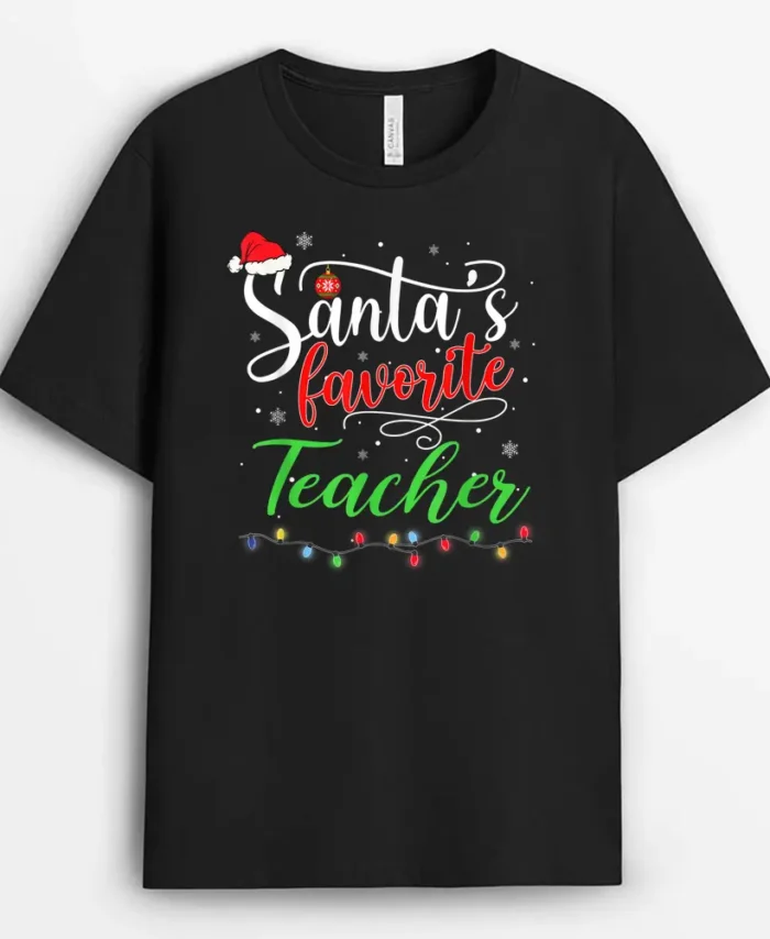 Santas Favorite Teacher Funny Christmas Santa Hat Light T-Shirt - Black