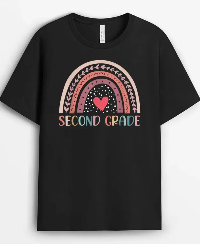 Second Grade Teacher And Student Boho Rainbow Back To School T-Shirt - Black