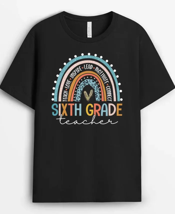 Sixth Grade Teacher Boho Leopard Rainbow First Day Of School  T-Shirt - Black