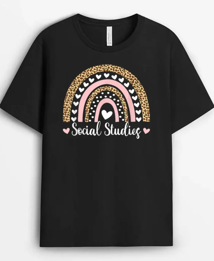 Social Studies Boho Leopard Rainbow Social Studies Teacher T-Shirt - Black