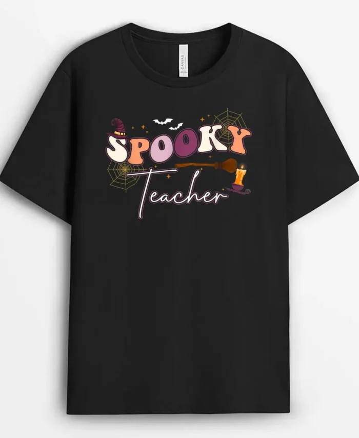 Spooky Teacher Cute Groovy Hippie Spooky Halloween Mom Women T-Shirt - Black