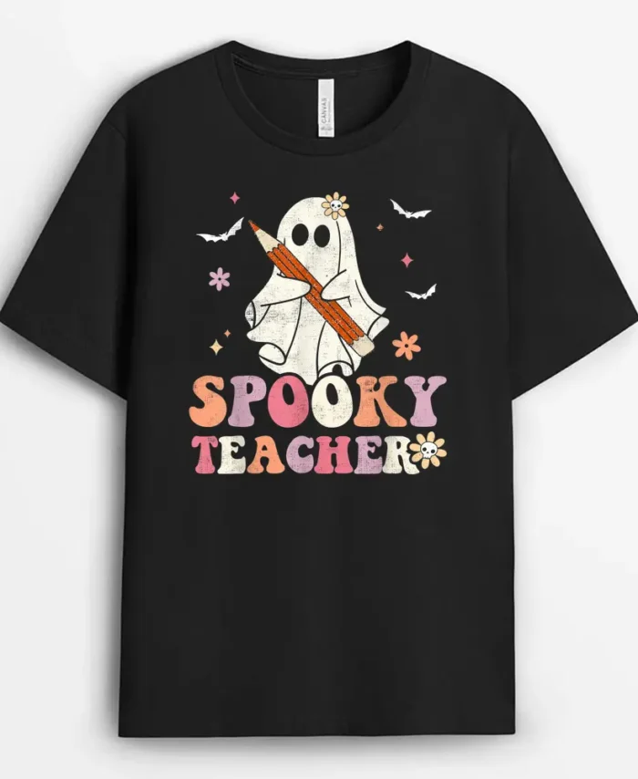 Spooky Teacher Ghost Halloween Groovy Retro Trick Or Treat T-Shirt - Black