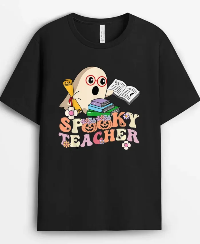 Spooky Teacher Groovy Retro Ghost Teacher Halloween T-Shirt - Black
