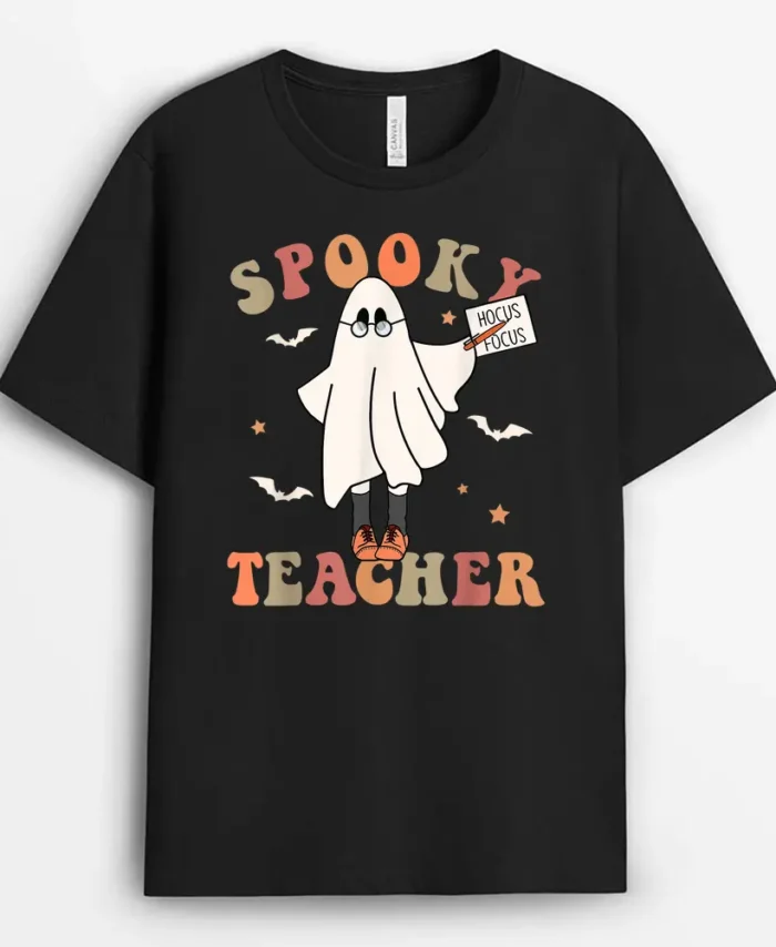 Spooky Teacher Retro Halloween Trick Or Treat Scary Ghost T-Shirt - Black