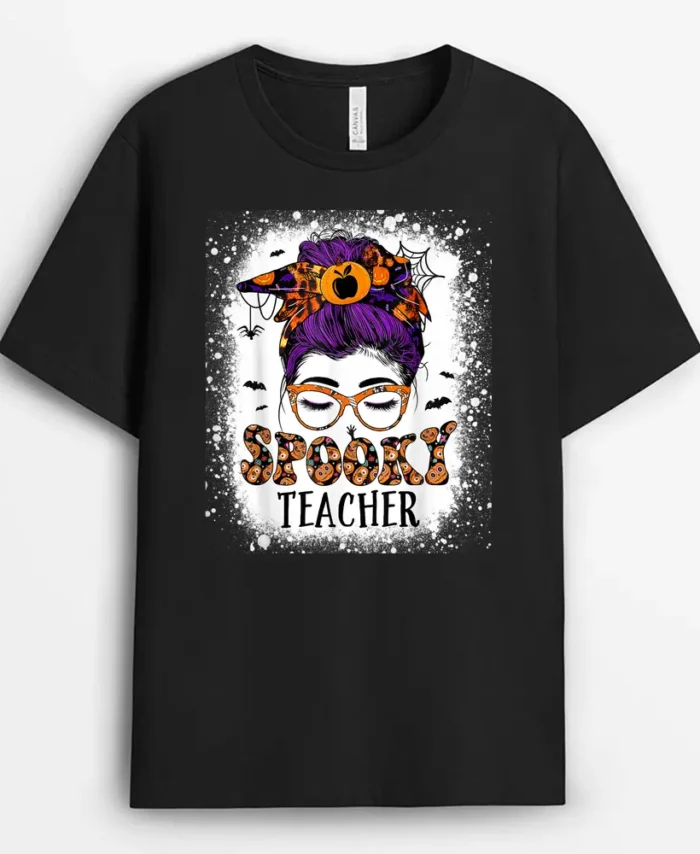 Spooky Teacher Womens Messy Bun Bleached Halloween Teachers T-Shirt - Black