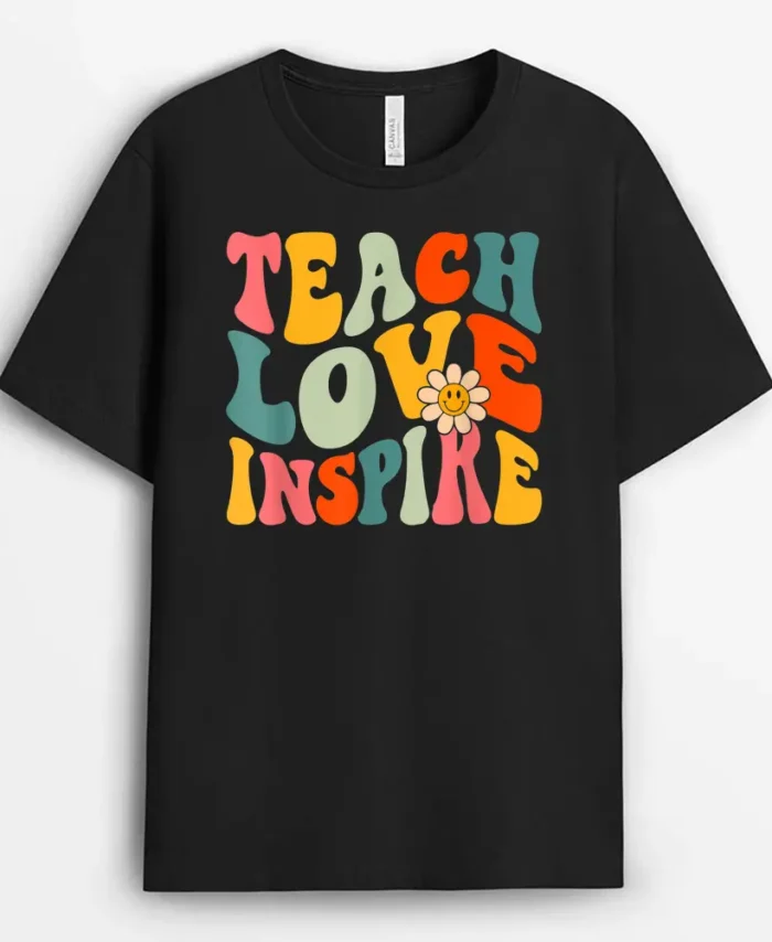 Teach Love Inspire Bach To School Teacher Women Groovy Retro T-Shirt - Black