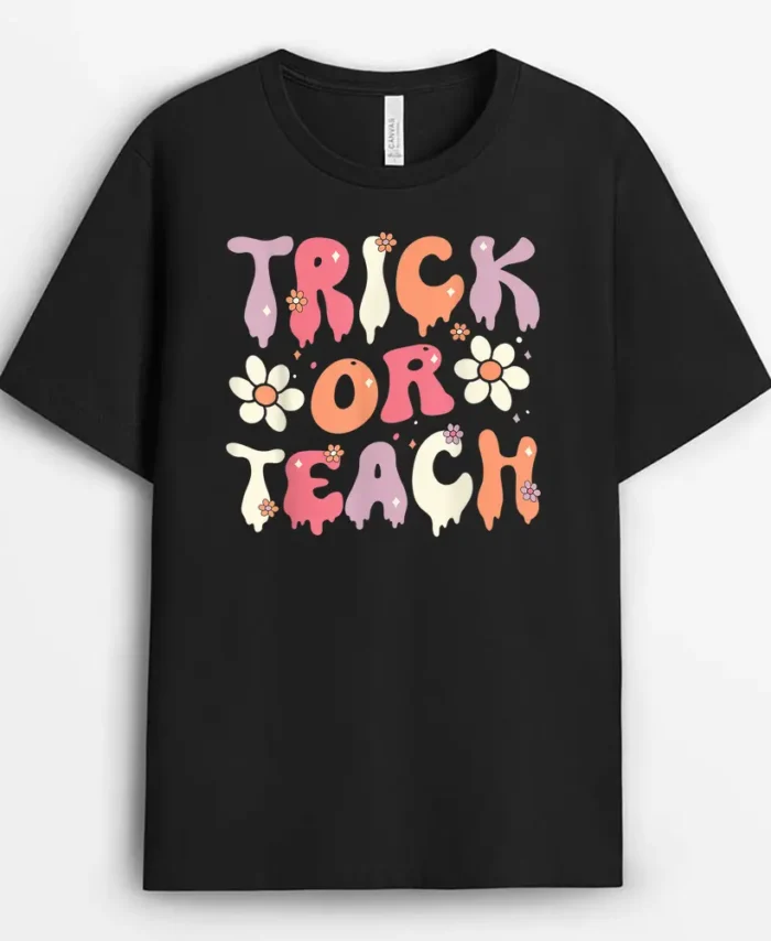 Teacher Halloween Costume Trick Or Teach Ghost Groovy 70s T-Shirt - Black